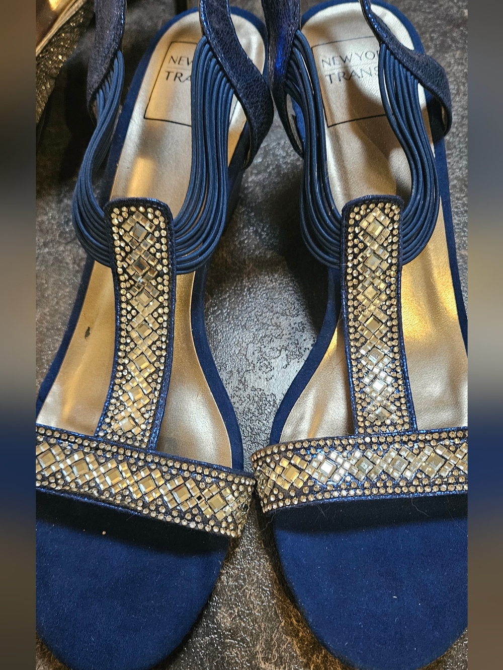 Women's Navy Blue Embellished T-Strap Dress Sandals